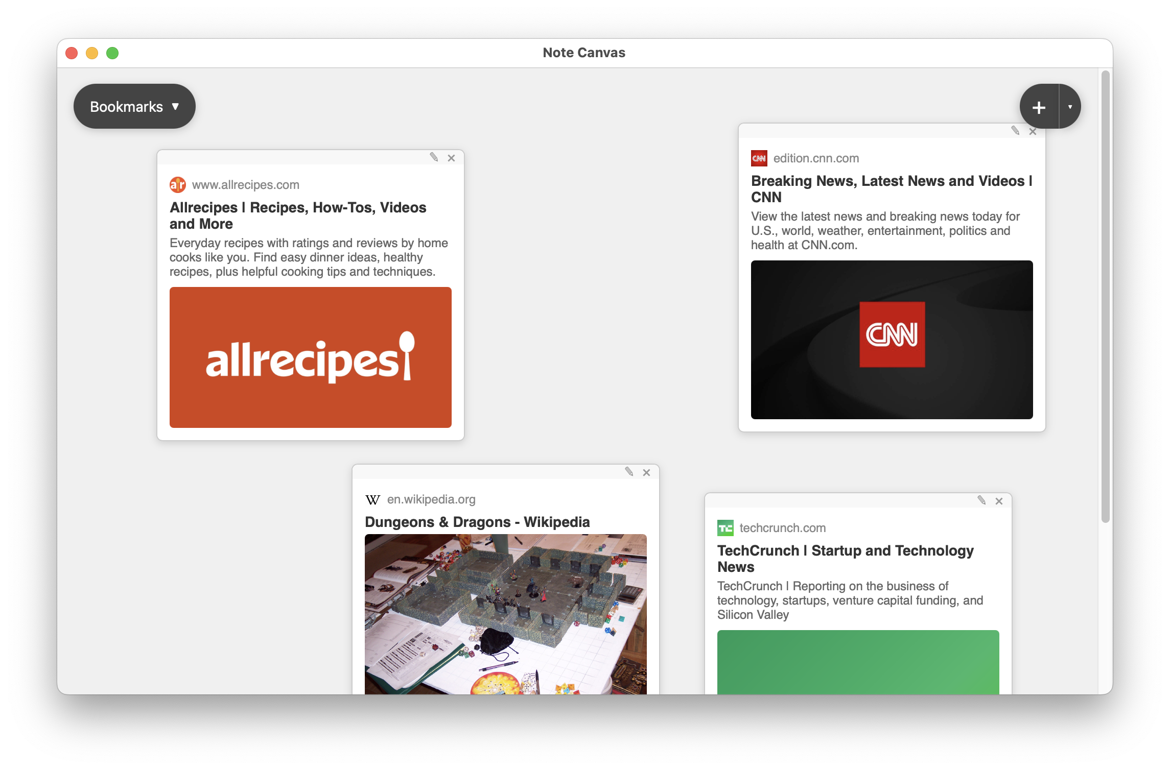 Bookmark notes showing website preview cards