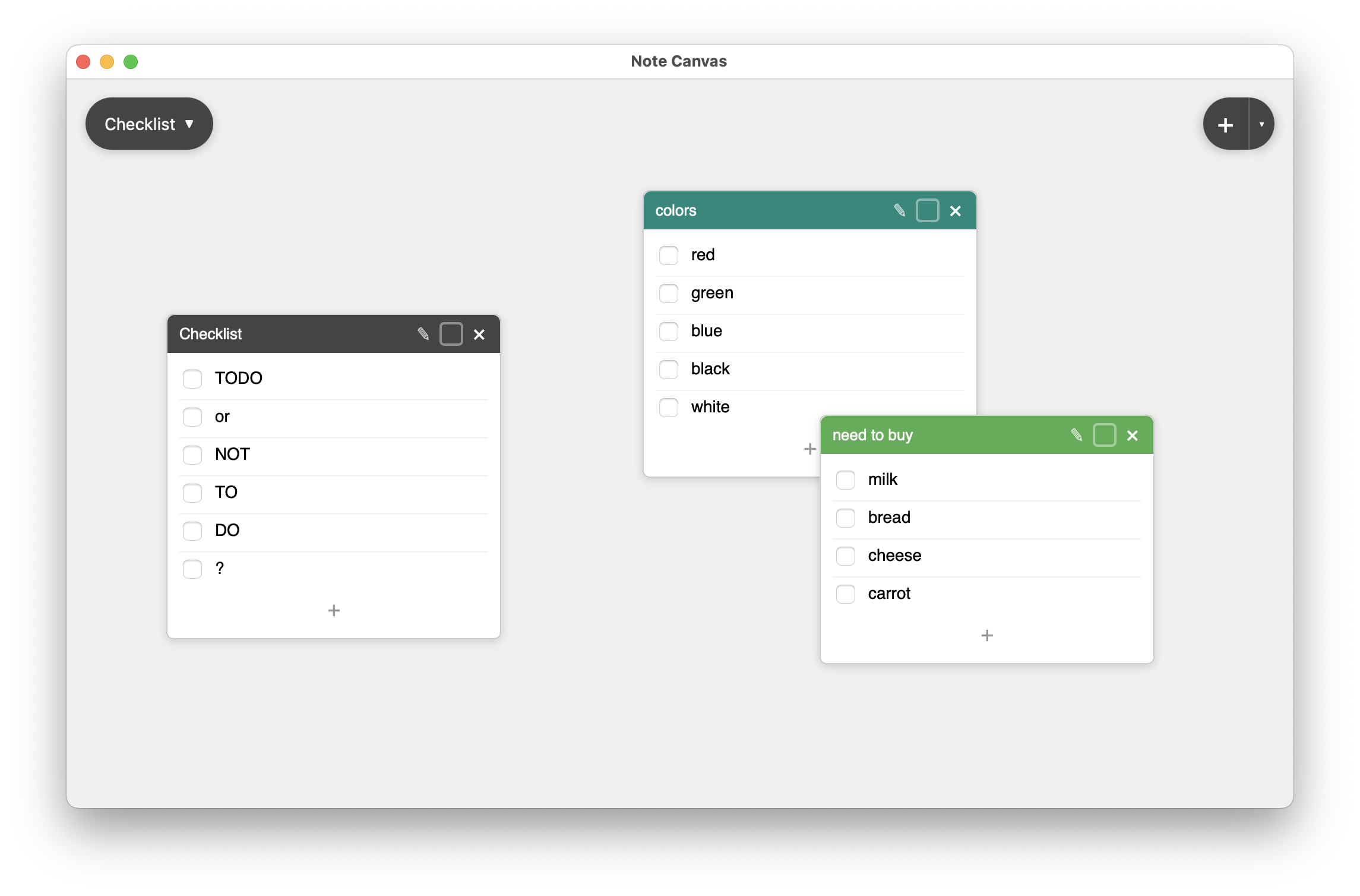 Checklist notes with checkbox items on a board