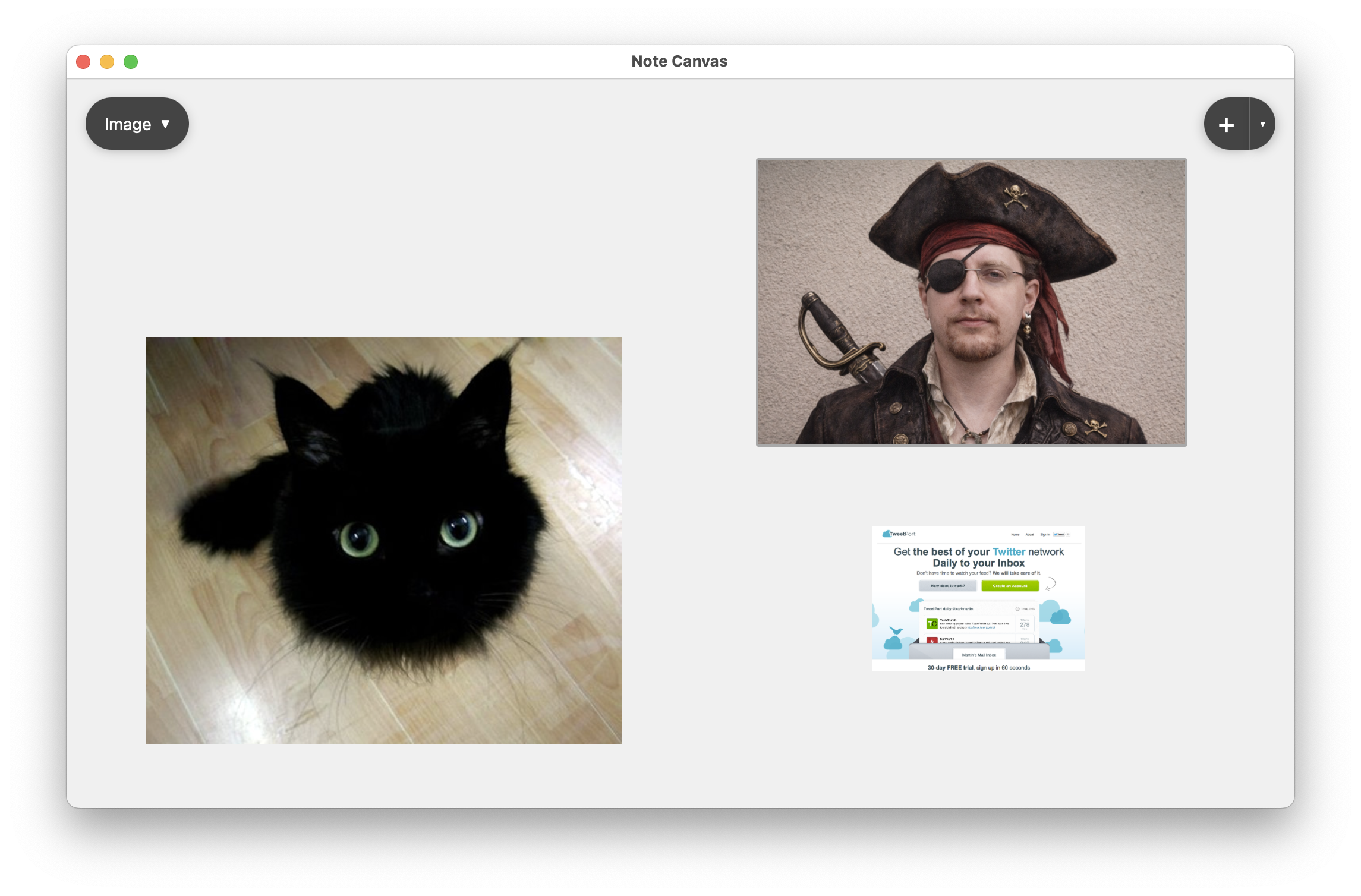 Image notes with photos and screenshots on a board