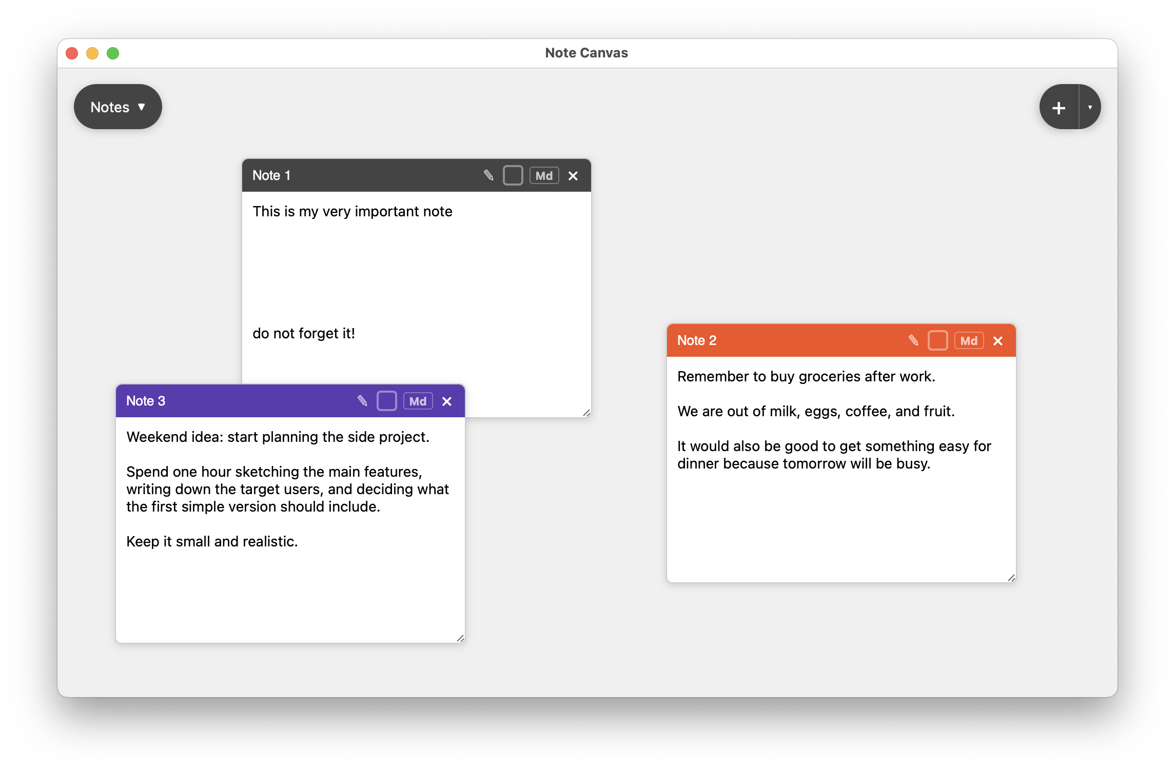 Regular notes with titles, colors, and markdown toggle