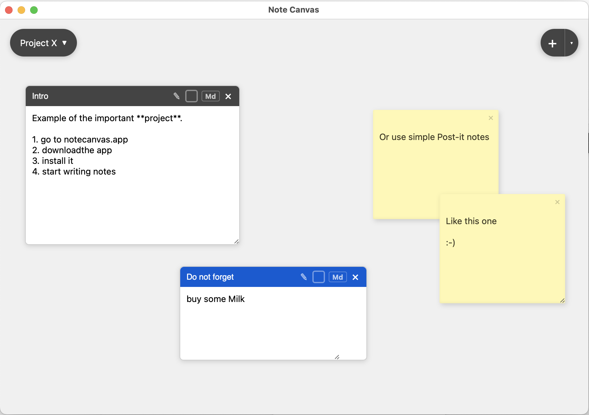A closer Note Canvas board with a compact set of notes and layout variations