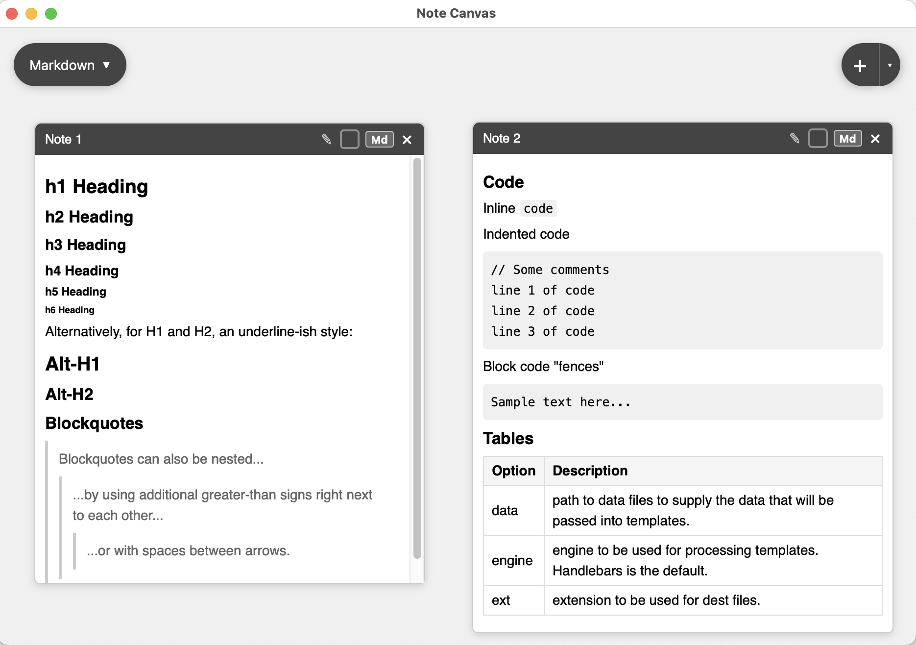 Note Canvas showing multiple floating notes, post-its, and a workspace switcher